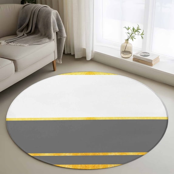 Modern Grey Gold Round Area Rug 3.3Ft Washable Circle Rugs for Dining Room Table, Minimalist Geometric Yellow Striped Non-Slip Carpet Floor Mats Indoor Outdoor Carpet Runner Aesthetic Home Decor