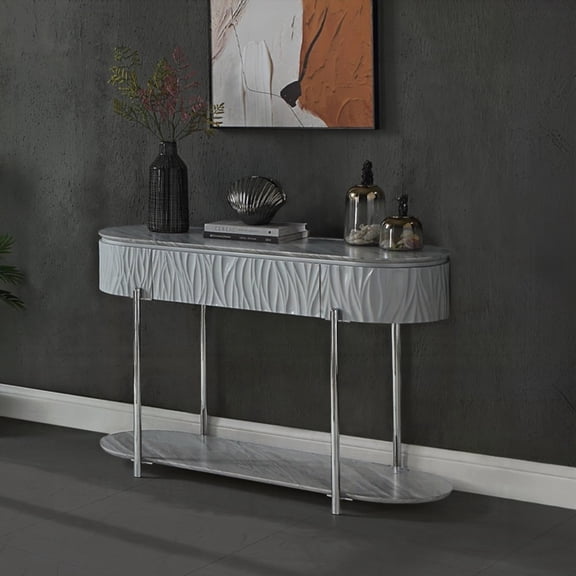 Modern Grey High Gloss Sofa Table with Bottom Shelf and Chrome Legs
