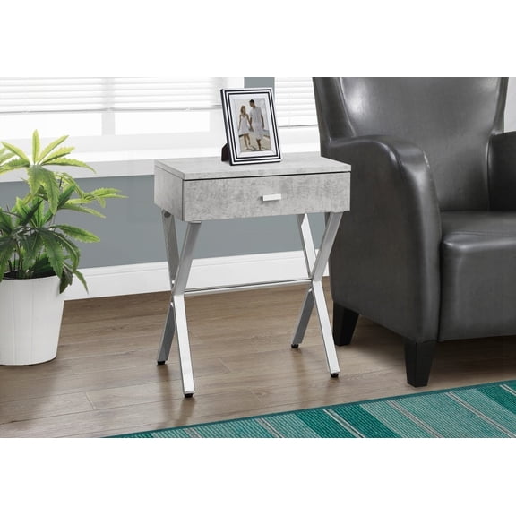 Modern Grey Laminate Accent Table with Chrome Metal X Base for Living Areas
