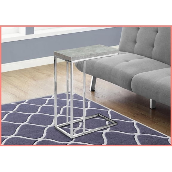 Modern Grey Laminate Coffee Table Chrome Base, Space-Saving C-Shape Slides Under Sofa for Living Room/Bedroom