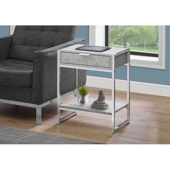 Modern Grey Laminate Side Table with Chrome Metal Base and Storage Drawer for Living Room and Bedroom