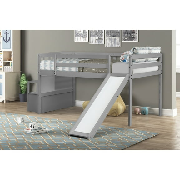Modern Grey Loft Bed with Staircase High Weight Capacity Easy Assembly Perfect for Small Rooms