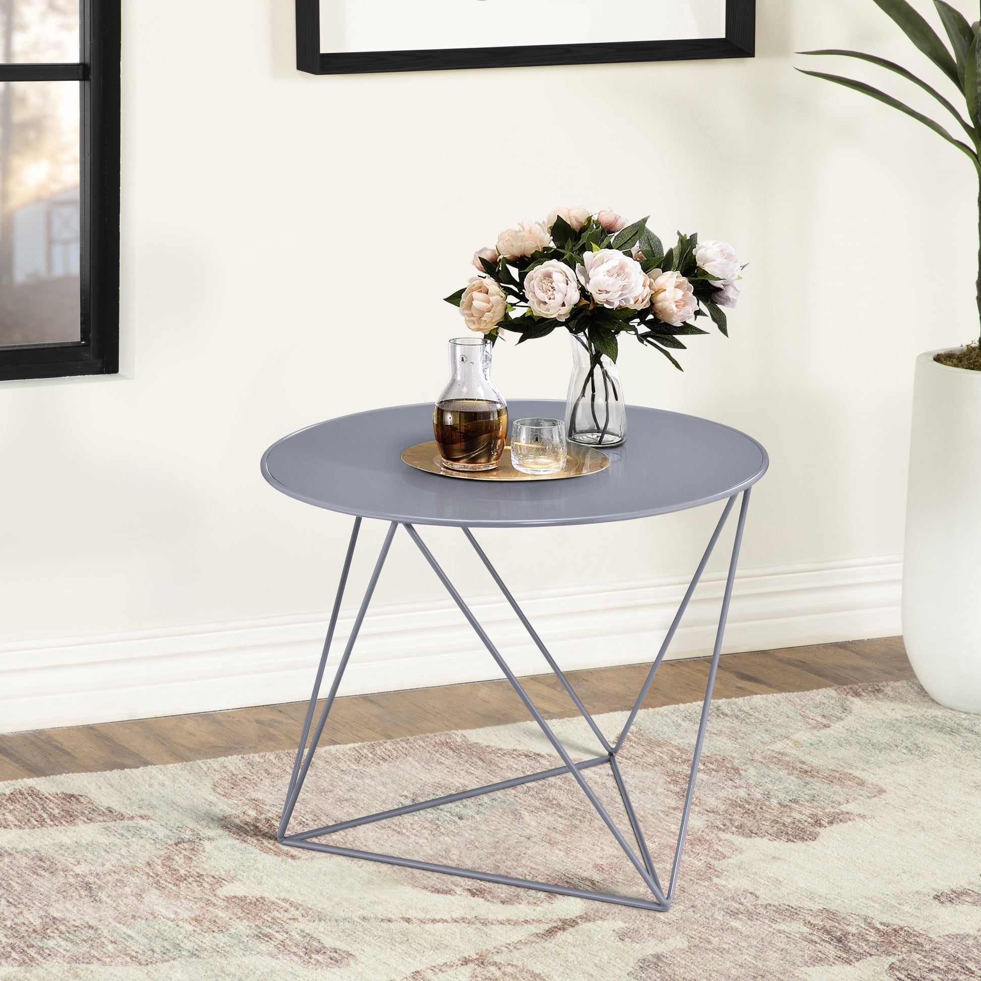 Modern Grey Metal Base Round Table With Scratch- Feature Sleek Accent ...