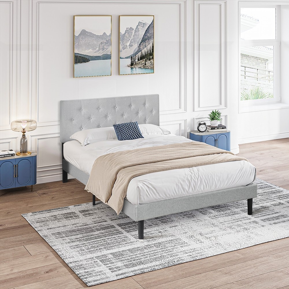 Modern Grey Queen Upholstered Bed Frame with Key Features|Easy Assembly, No Box Spring