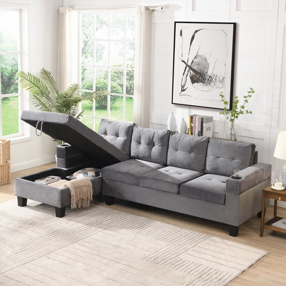 Modern Grey Sectional Sofa with L Shape Chaise & Storage|4 Seats
