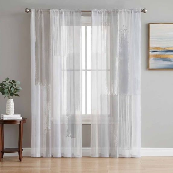 Modern Grey Sheer Curtains 63 Inch Length 2 Panels Set, Abstract Stripes Color Block Minimalist Art Voile Window Treatment Rod Pocket Curtains Sheers Drapes for Bedroom/Living Room/Kitchen 52x"63"x2