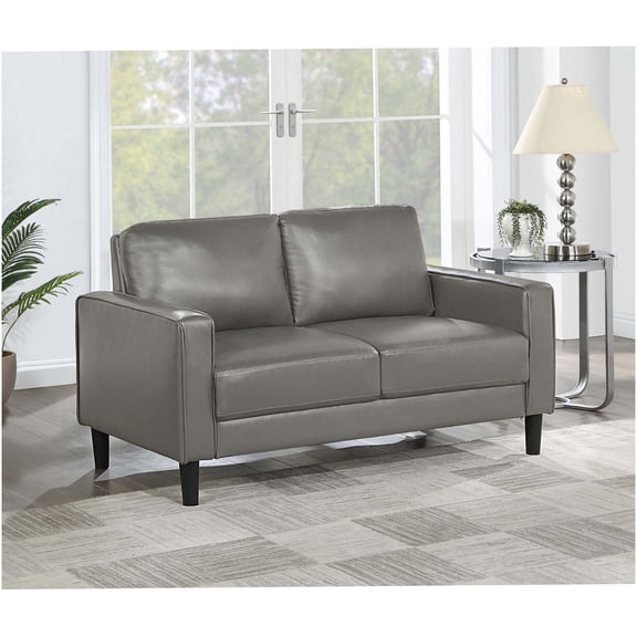 Modern Grey Track Arm Loveseat with Faux Leather Upholstery for Living Room