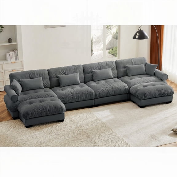 Modern U-Shaped Sectional Sofa with Movable Ottomans, 220×80×75cm, Soft Velvet, Convertible
