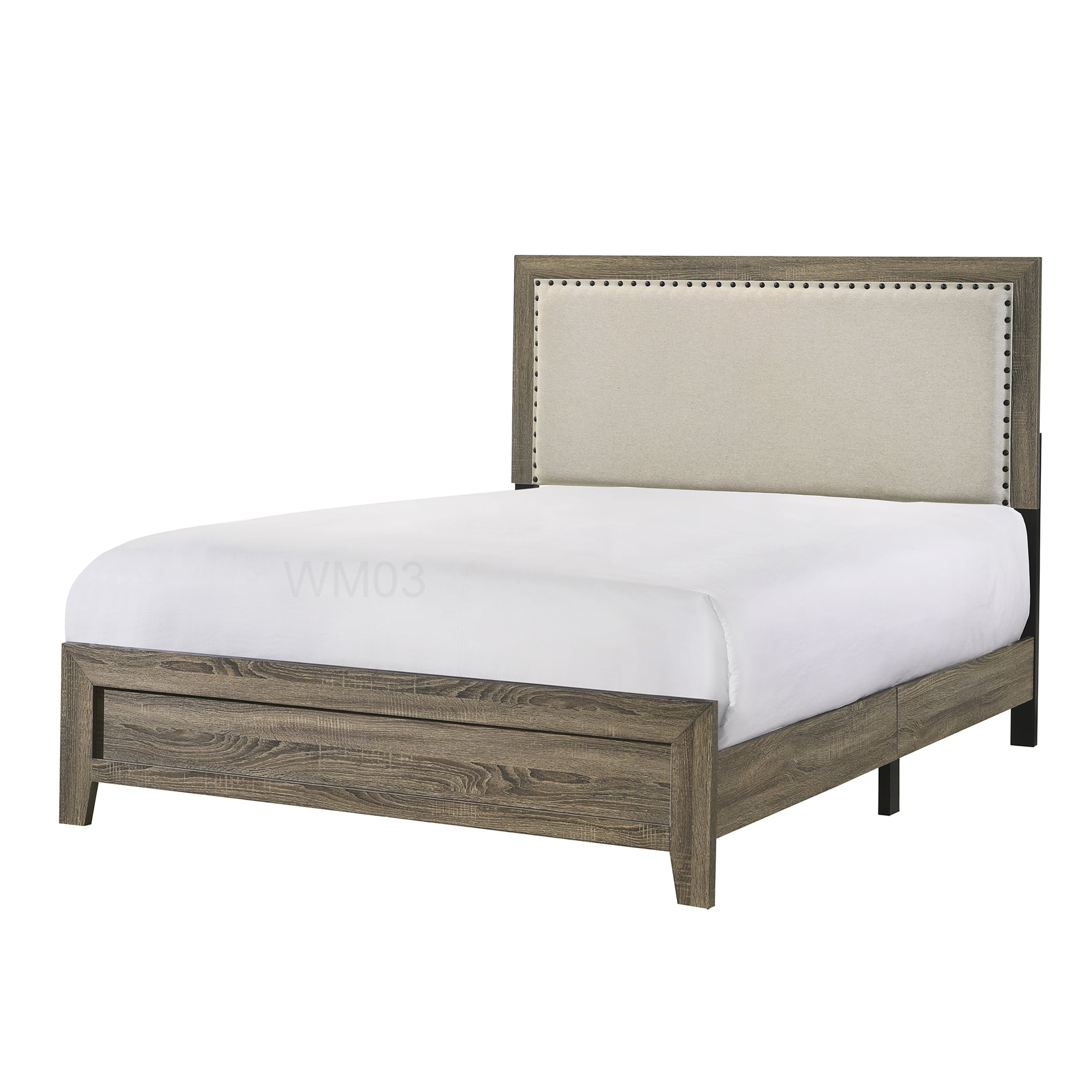 Modern Grey Upholstered Queen Bed, Platform Bed Frame with Button Tufted Headboard and Nailhead Accents