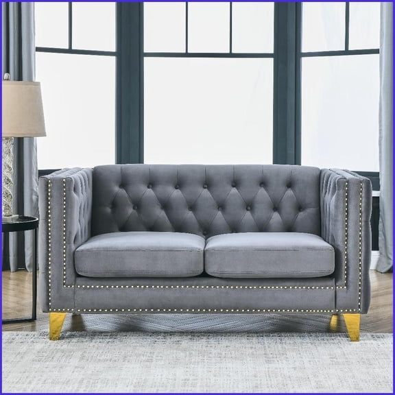 2-Seat Gray Velvet Sofa – Button Tufted Modern Couch with Metal Legs for Living Room/Bedroom {Variable.Color - }; Gray; Velvet; Button Tufted