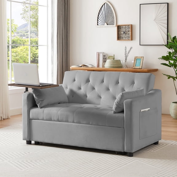 Modern Grey Velvet Bed, With Side Table Rotation, Back And Seat, Converts To Bed Without Hassles, 3 Adjustable Positions, Quality Fabric Plastic Legs, Easy Put Together , Into Soft Assemble Furniture
