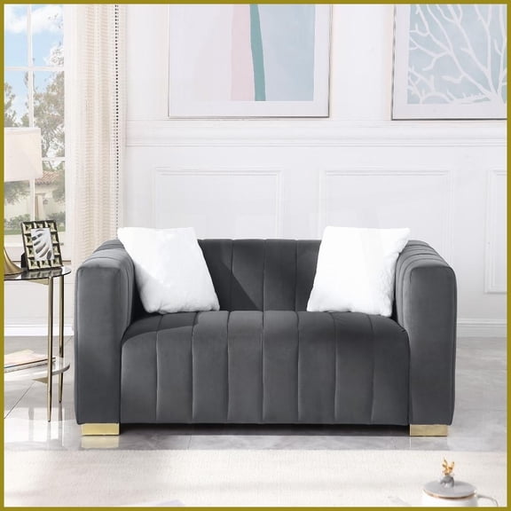 Modern Grey Velvet Chesterfield Channel Loveseat - Plush Foam for Living Room Comfort & Style