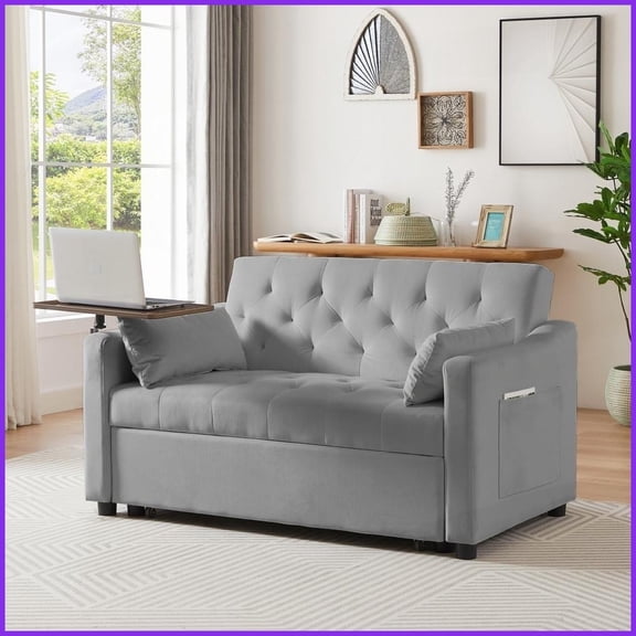 Modern Grey Velvet Convertible Sofa Bed with 360 Rotating Side Table for Living Room