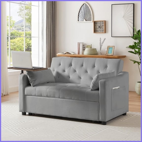Modern Grey Velvet Convertible Sofa Bed with 360 Side Table for Living Room