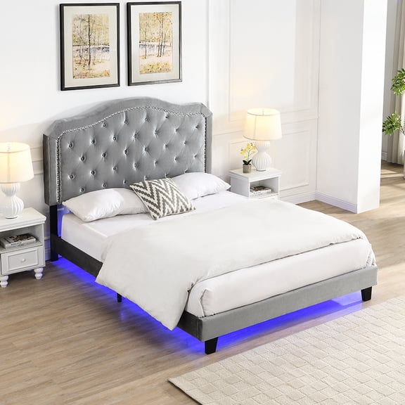Modern Grey Velvet Upholstered Queen Bed With Button Tufting - Curve Design Stable Wood Slat Support Led Lights Easy To Assemble No Box Spring Detail Robust Assembly Needed
