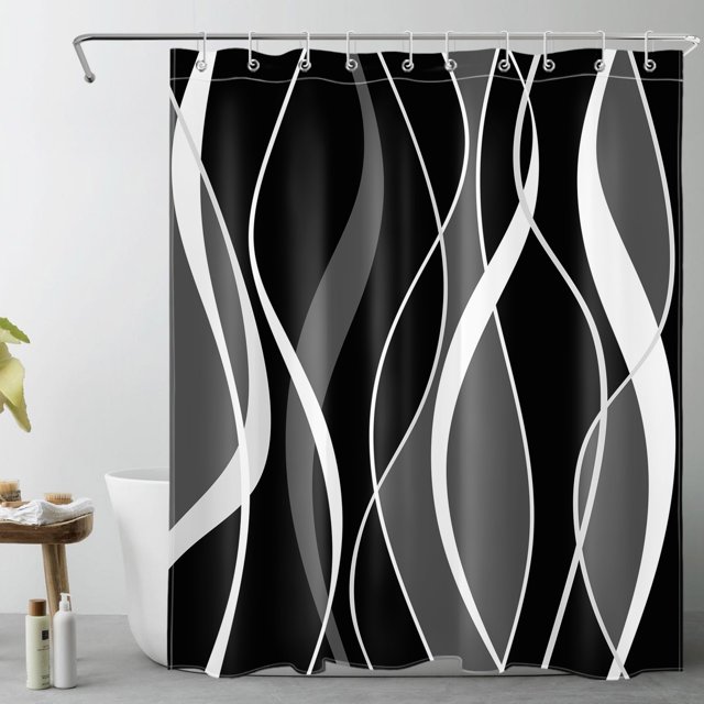 Modern Grey and White Striped Shower Curtain for Bathroom, Black and