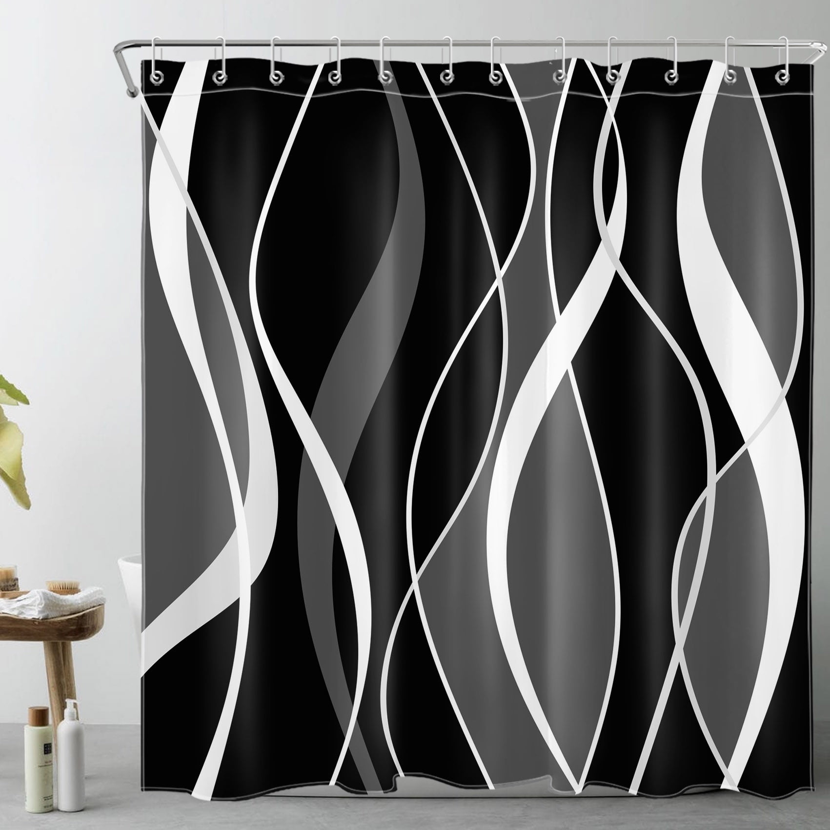 Modern Grey and White Striped Shower Curtain for Bathroom, Black and ...
