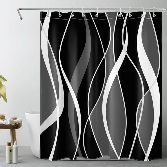 HVEST Black and White Geometric Shower Curtain with Abstract Black Gray Line Design - Modern Minimalist Bathroom Decor, Waterproof Polyester Fabric, Includes 10 Hooks, 60x72 Inches