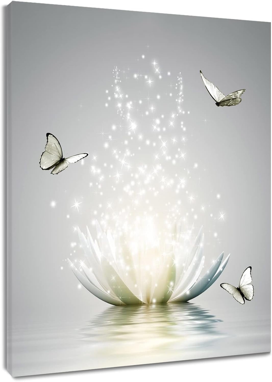 Modern Grey Zen Wall Art for Bathroom Retro Butterfly and White Floral Bloom in Water Abstract Canvas Wall Art Wall Paintings Spa Wall Pictures for Living Room Bedroom Office Ready To Hang,12x16 Inch