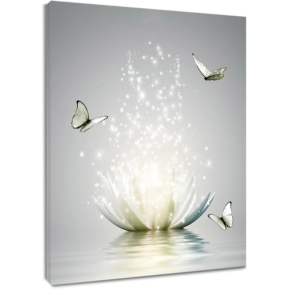 Modern Grey Zen Wall Art for Bathroom Retro Butterfly and White Floral Bloom in Water Abstract Canvas Wall Art Wall Paintings Spa Wall Pictures for Living Room Bedroom Office Ready To Hang,12x16 Inch