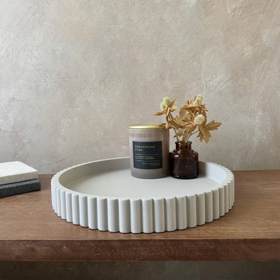 Modern Grooved Circular Gray Concrete Tray, Heavy Duty Geometric Centerpiece Serving Platter for Living Room Coffee Table and Kitchen Island Decor