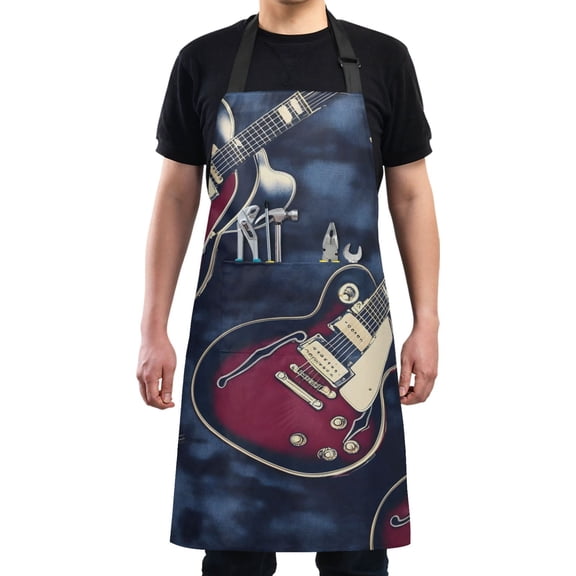 Modern Guitar Blue Chef Kitchen Apron with Pockets for Women Waterproof Aprons for Cooking Baking