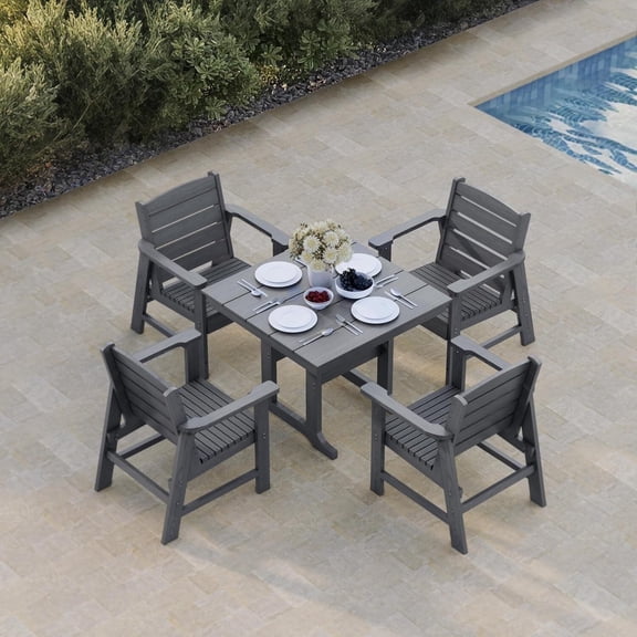 Mosbrisa HDPE Patio Dining Set, Poly Lumber Table and Chair, with Umbrella Hole, for Outdoor, Garden, Yard, Lawn (Grey, 5 Piece - 35.7'' Table)