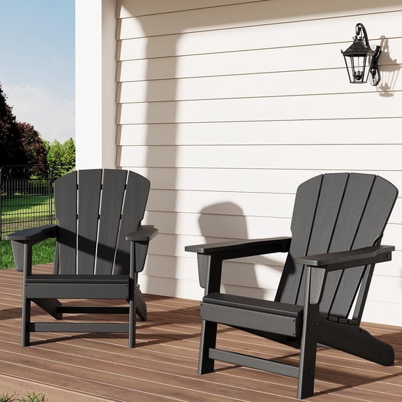 Modern HDPE Plastic Adirondack Chair Set of 2 Oversize 380 LB Poly Lumber Weather Resistant Firepit Chair Outdoor Patio Chairs with Wooden Textured for Deck, Pool, Porch Black