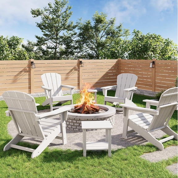 Modern HDPE Plastic Adirondack Chair Set of 4 with 2 Side Table Oversize 380 LB Poly Lumber Weather Resistant Firepit Chair Outdoor Patio Chairs with Wooden Textured for Deck, Pool, Porch White