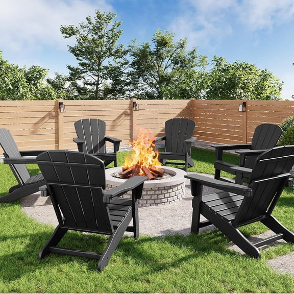 Modern HDPE Plastic Adirondack Chair Set of 6 Oversize 380 LB Poly Lumber Weather Resistant Firepit Chair Outdoor Patio Chairs with Wooden Textured for Deck, Pool, Porch Black