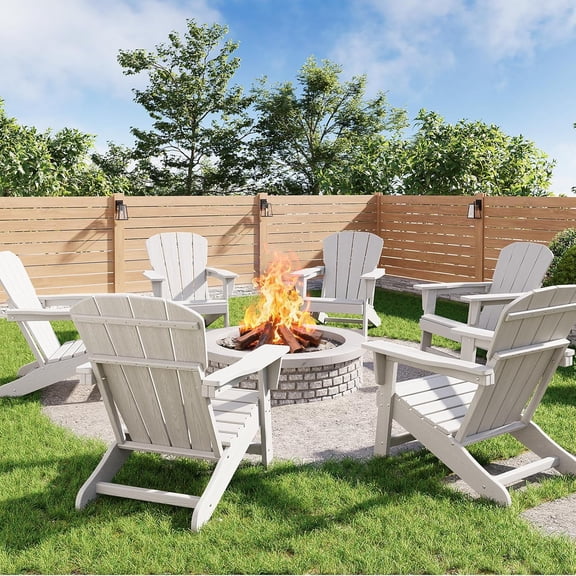 Modern HDPE Plastic Adirondack Chair Set of 6 Oversize 380 LB Poly Lumber Weather Resistant Firepit Chair Outdoor Patio Chairs with Wooden Textured for Deck, Pool, Porch White