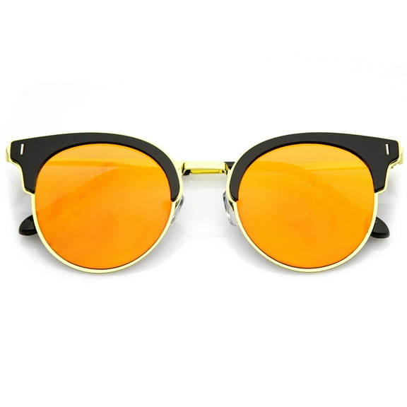 Modern Half Frame Round Colored Mirror Flat Lens Horn Rimmed Sunglasses 49mm (Black-Gold / Orange Mirror)
