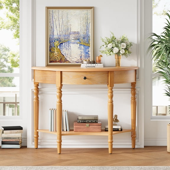 Modern Half-Moon Sofa Console Table with 1 Storage Drawer and Lower Shelf, Rustic Accent Table with Iron Handles, Wooden Entryway Hallway Foyer Table, Natural