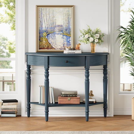 Modern Half-Moon Sofa Console Table with 1 Storage Drawer and Lower Shelf, Rustic Accent Table with Iron Handles, Wooden Entryway Hallway Foyer Table, Navy