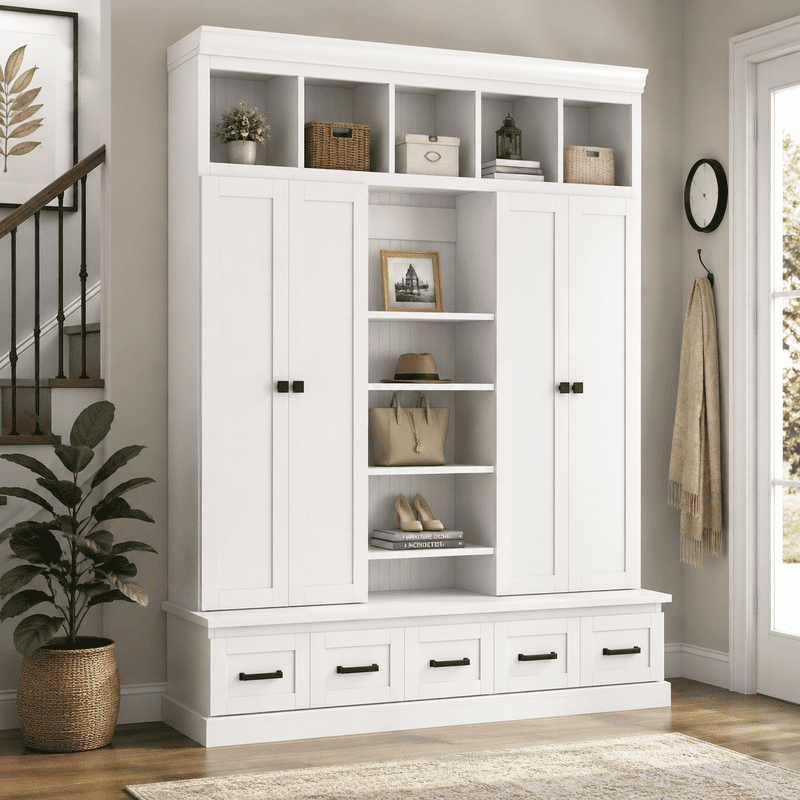 Modern Hall Tree with 4 Doors and 5 Storage Cubbies, Entryway Coat Rack with Adjustable Shelves, Mudroom Bench Storage Organizer Cabinet with 5 Drawers for Living Room