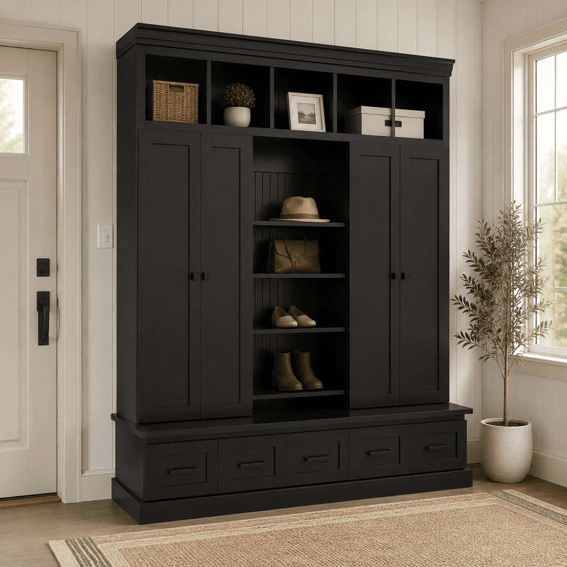 Modern Hall Tree with 4 Doors and 5 Storage Cubbies, Entryway Coat Rack with Adjustable Shelves, Mudroom Bench Storage Organizer Cabinet with 5 Drawers for Living Room