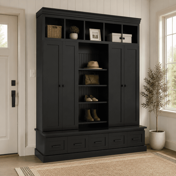 Modern Hall Tree with 4 Doors and 5 Storage Cubbies, Entryway Coat Rack with Adjustable Shelves, Mudroom Bench Storage Organizer Cabinet with 5 Drawers for Living Room