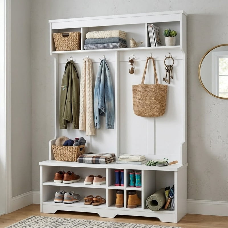 Modern Hall Tree with 6 Hooks, Entryway Coat Rack with Top Storage Space, Multi-Functional Mudroom Organizer Entryway Bench with Shoe Cubbies and Shelves for Hallway, Living Room