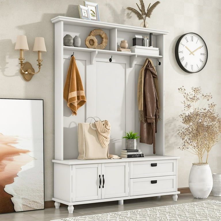 Modern Hall Tree with Coat Rack and Storage Bench Widen Mudroom Organization and Storage Bench with 5 Coat Hooks Storage Cabinet and 2 Large Drawers Entryway Bench with Coat Rack White Walmart