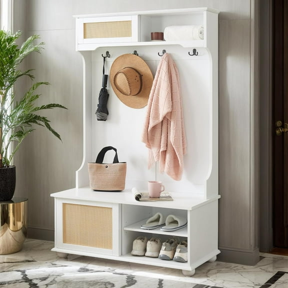 65 inch Casual Style Hall Tree with Ample Storage Space, Door Shelves & Shoe Cabinets, Entryway  W/Solid Wood Feet,for Hallway Apartment Living Room (White, Rattan Door Shelves)