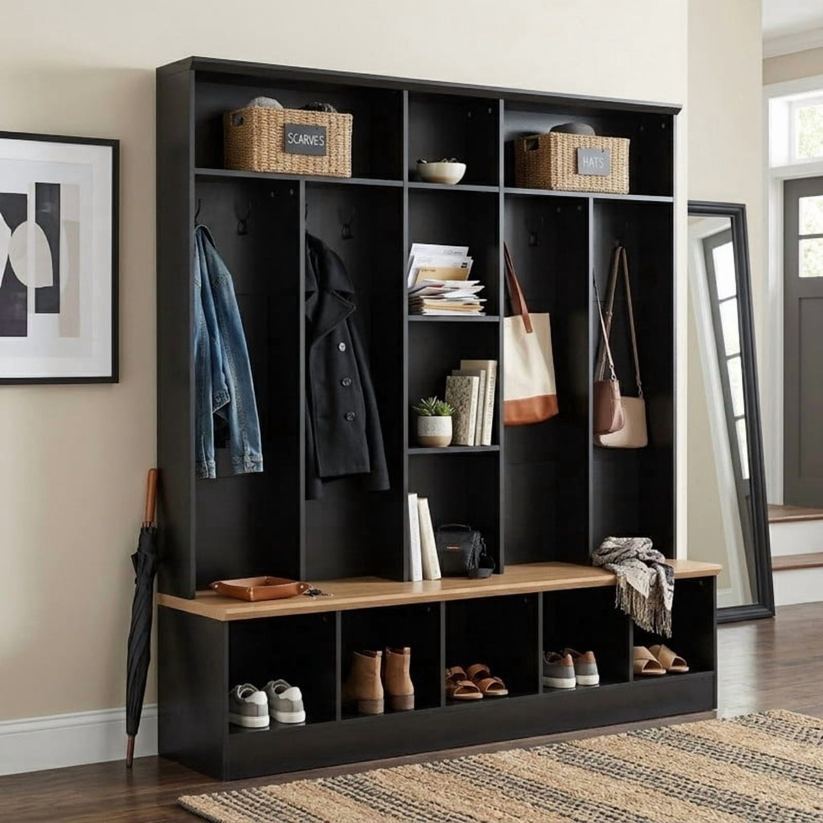 Modern Hall Tree with Storage Bench, Entryway Coat Rack with 8 Hooks, Shoe Cabinet with 5 Cube Compartments and Shelves, Multifunctional Mudroom Organizer for Entryway, Hallway, Living Room