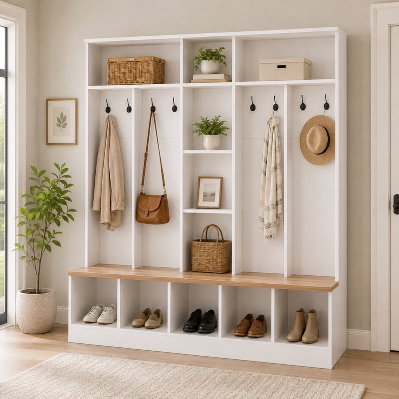 Modern Hall Tree with Storage Bench, Entryway Coat Rack with 8 Hooks, Shoe Cabinet with 5 Cube Compartments and Shelves, Multifunctional Mudroom Organizer for Entryway, Hallway, Living Room