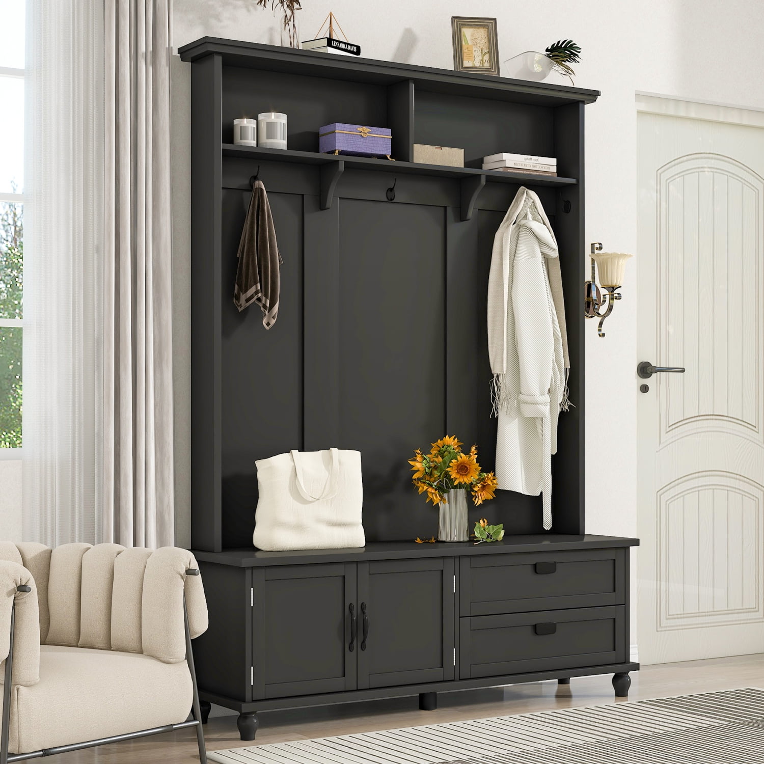 Modern Hall Tree with Storage and 2 Large Drawers Black
