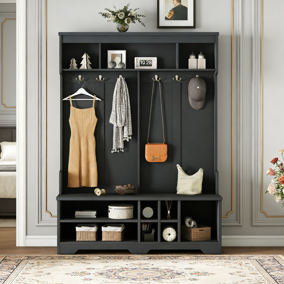 Modern Hallway Hall Tree with Metal Hooks and Storage Space - Multi-Functional Entryway Coat Rack with Shoe Cubbies, Black Finish for Living Room, Mudroom, Apartment