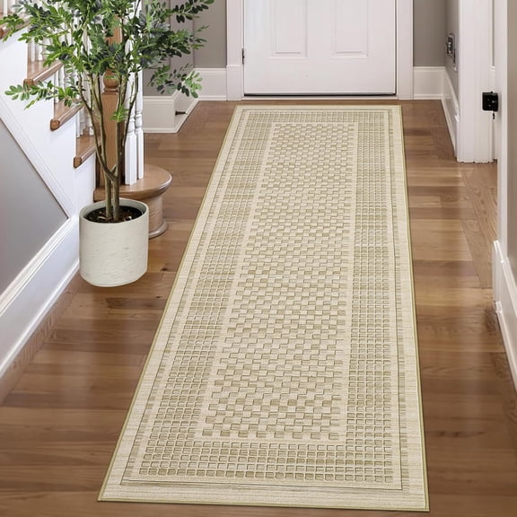 Modern Hallway Rugs 2x8 Narrow Long Geometric Runner Rugs, Stain-Resistant Ultra-Thin Accent Carpet, Easy Cleaning Checkered Indoor Floor Mats for Kitchen, Bedroom, Beige