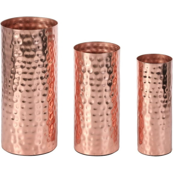 Modern Hammered Copper Tone Metal Tall Cylinder Flower Vases, Decorative Centerpiece, Set of 3 (Large, Medium, Small Sizes)