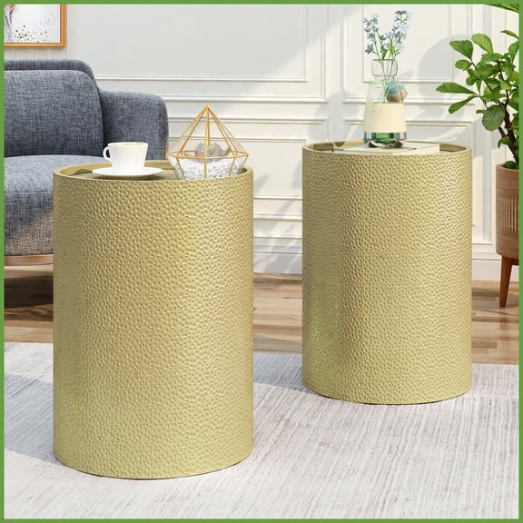 Modern Hammered Metal Coffee Table Set of 2, Iron Frame Side Table for Living Room - No Assembly Required