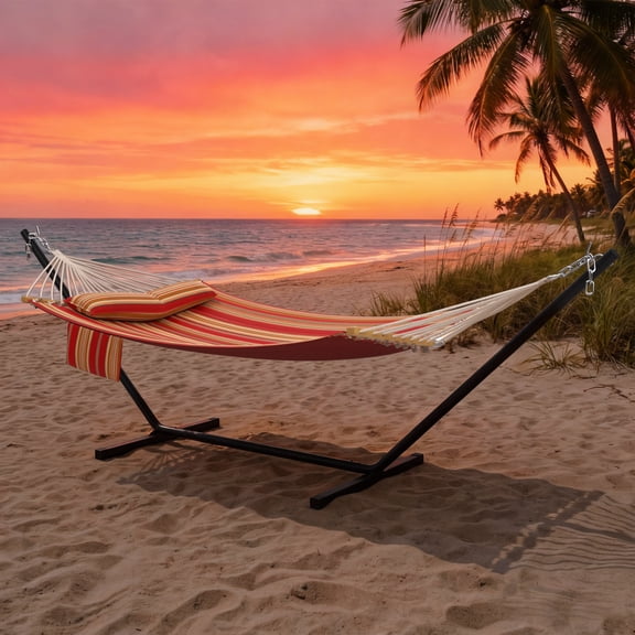 Modern Hammock with Stand for Outside Portable, Camping Hammock with Stable Anti-Tipping Structure, Hand-Woven Durable Ropes, Rope Hammock for Backyards, Beaches, Poolsides, Parks, Campsites, Navy Bl