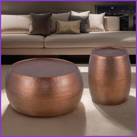 Modern Hand-Hammered Aluminum Coffee & End Table Set, No Assembly, Antique Copper Finish for Living Room