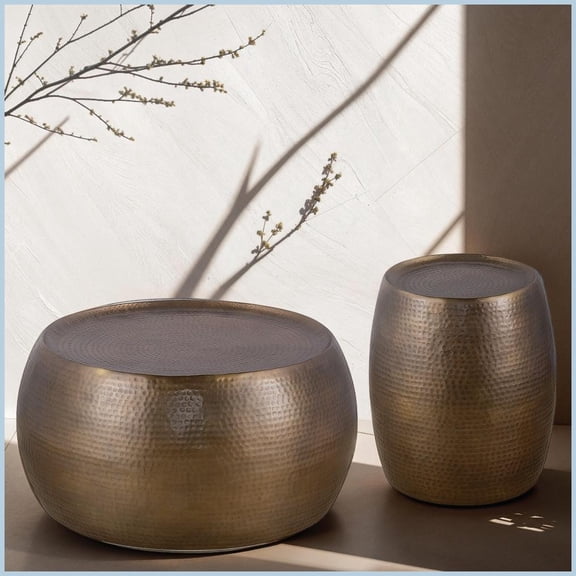 Modern Hand-Hammered Antique Gold Aluminum Coffee Table Set, 2PC Round Drum Tables  No Assembly, Versatile Living Room Decor